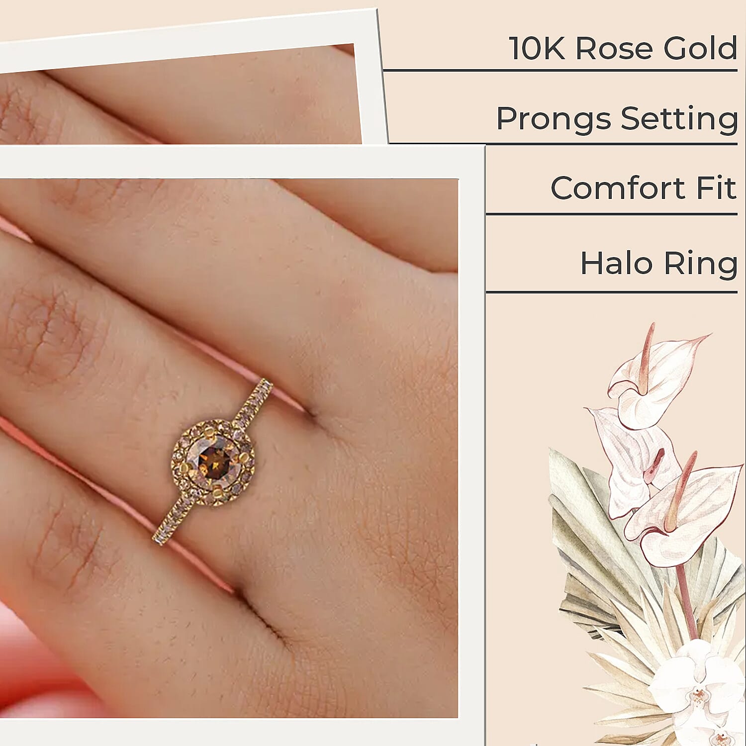 Luxoro Natural Champagne Diamond 1.00 ctw Ring ,10K Rose Gold Ring ,Natural Champagne Diamond Round Shape Ring , Halo Ring , Wedding Ring , Engagement Ring (Size 5.50)