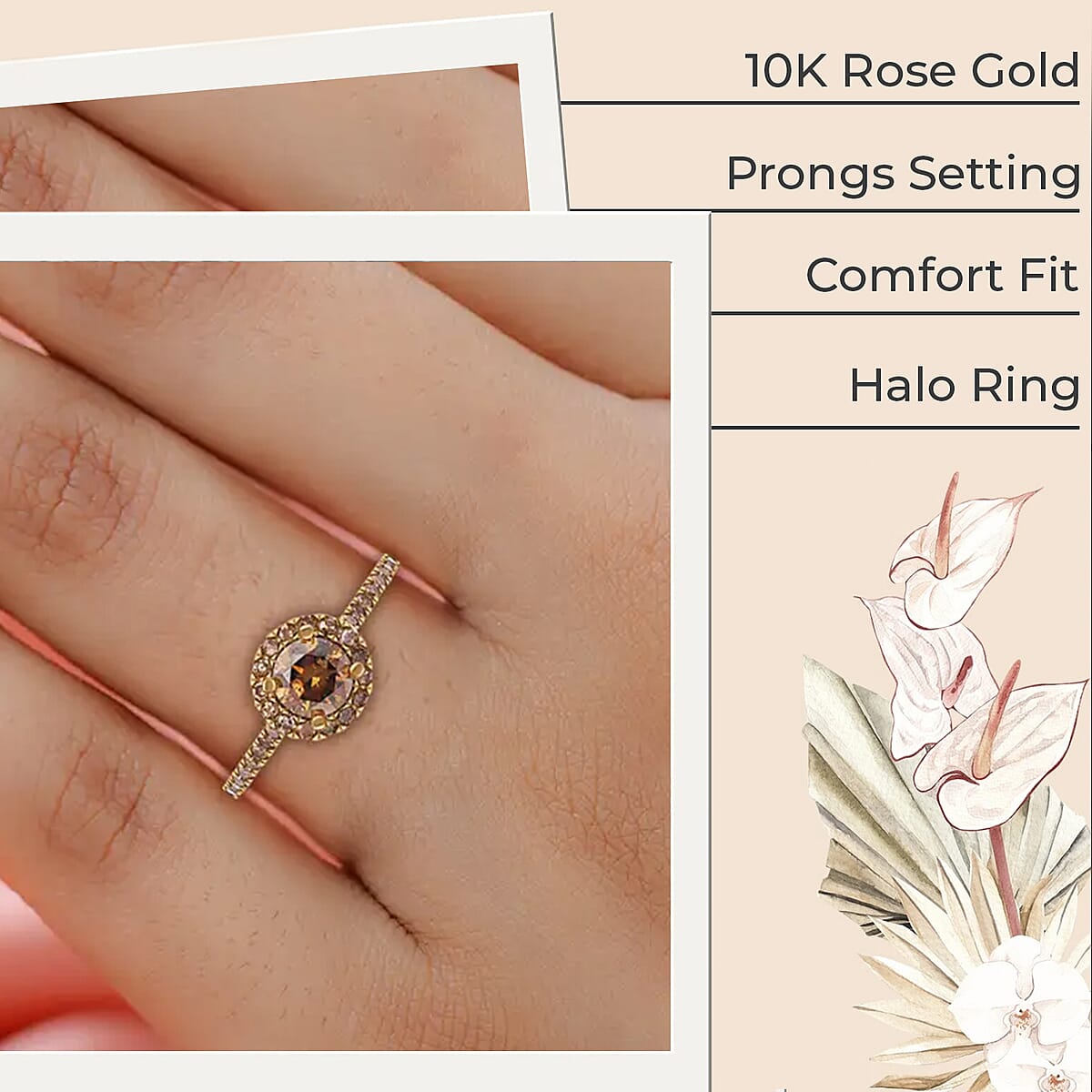 Luxoro Natural Champagne Diamond 1.00 ctw Ring ,10K Rose Gold Ring ,Natural Champagne Diamond Round Shape Ring , Halo Ring , Wedding Ring , Engagement Ring (Size 7.50) image number 2