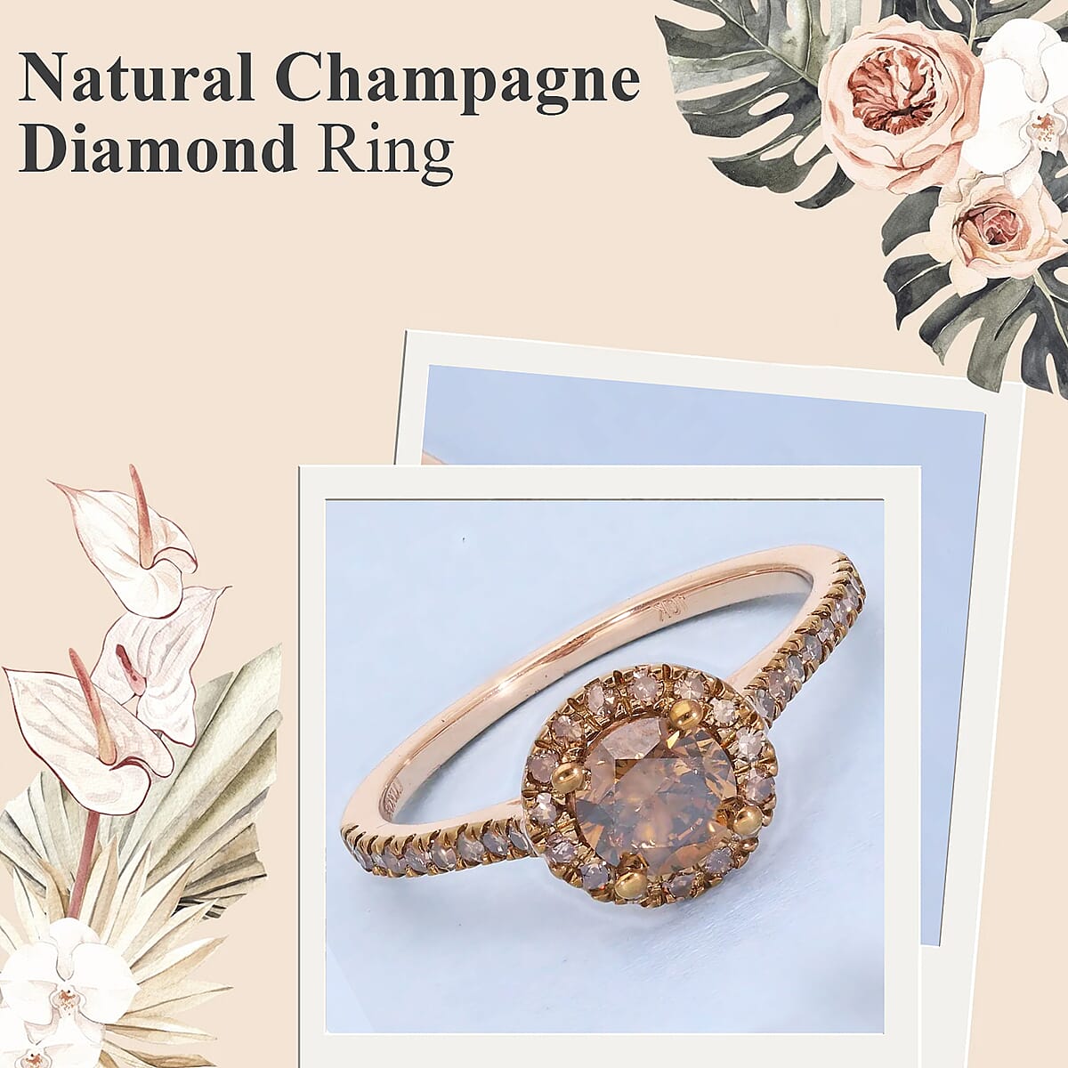Luxoro Natural Champagne Diamond 1.00 ctw Ring ,10K Rose Gold Ring ,Natural Champagne Diamond Round Shape Ring , Halo Ring , Wedding Ring , Engagement Ring (Size 9.50) image number 1