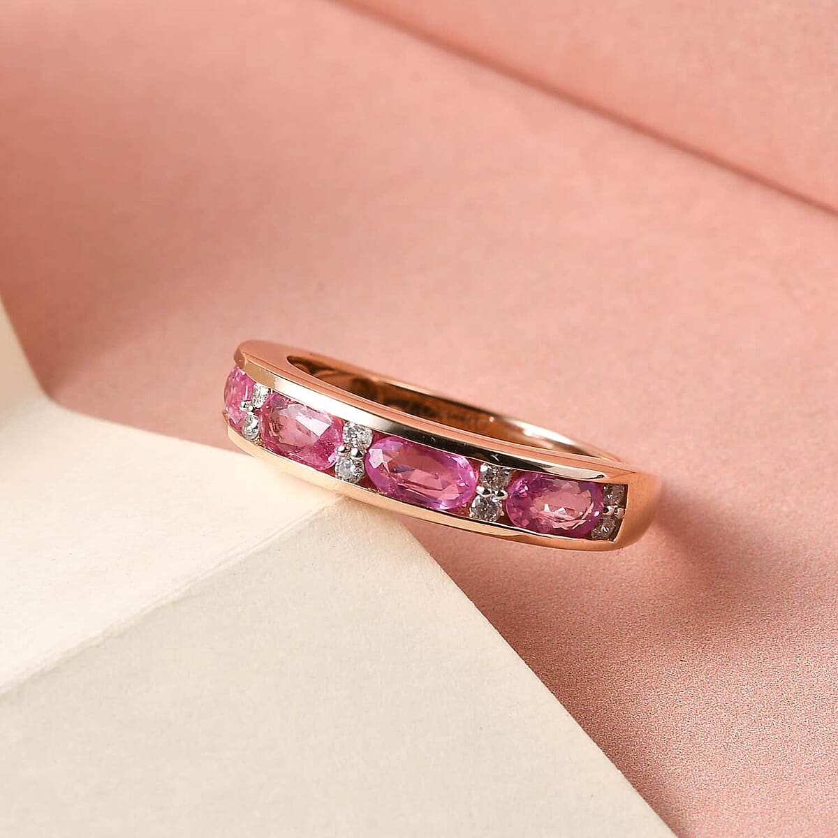 Luxoro 10K Rose Gold Premium Madagascar Pink Sapphire and Diamond Band Ring, Sapphire Jewelry, Birthday Anniversary Gift For Her 1.25 ctw image number 1
