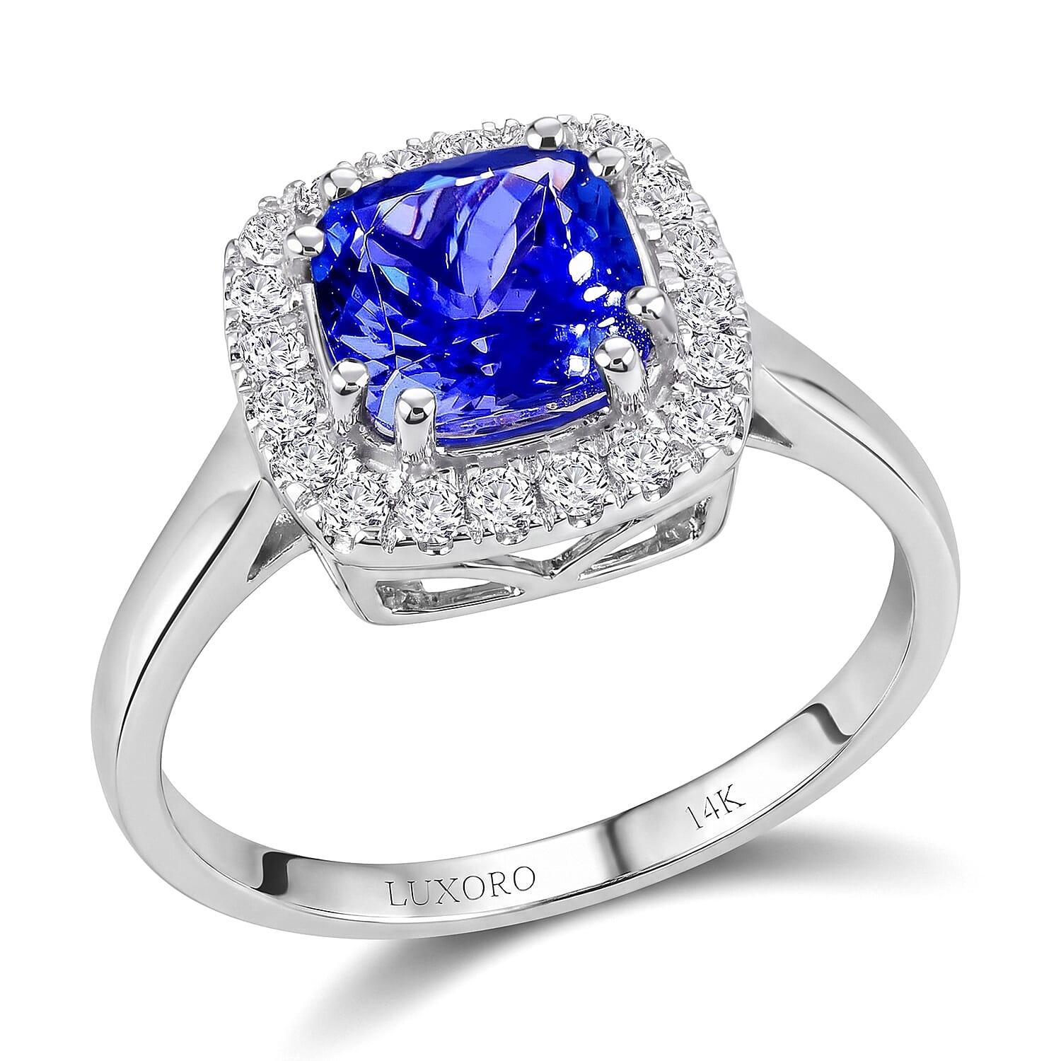 Certified & Appraised Luxoro 14K White Gold AAA Tanzanite Ring,Diamond Halo Ring,Diamond Ring,Wedding Ring For Women, Promise Ri