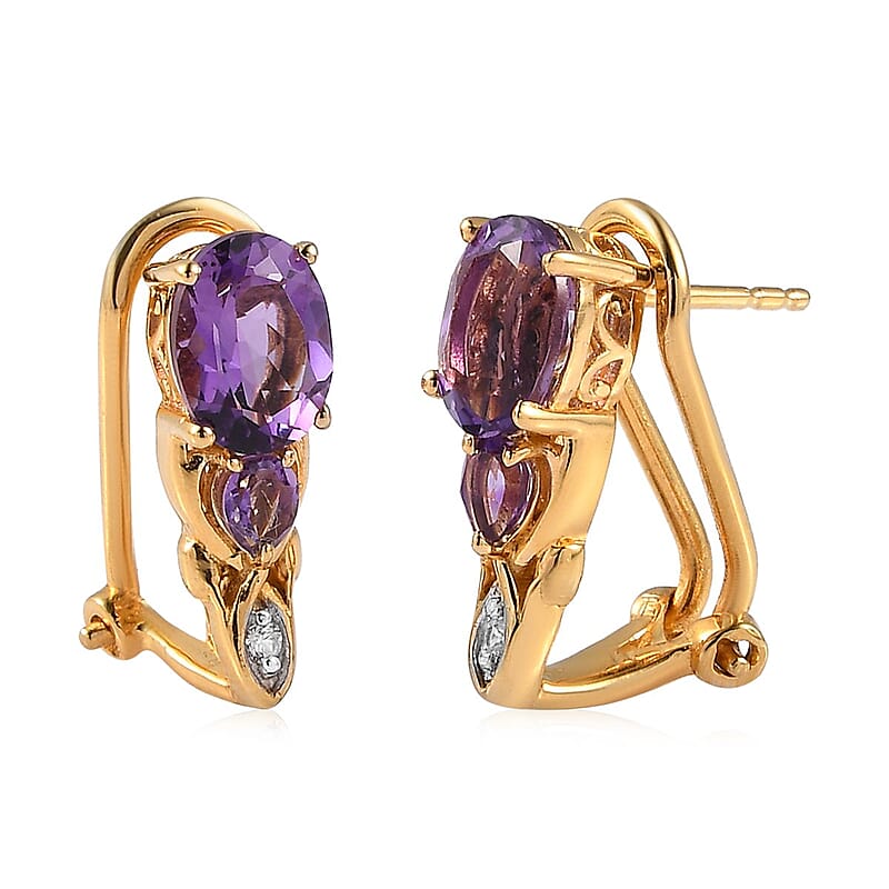 Uruguayan Amethyst and White Zircon Omega Clip Earrings in Vermeil Yellow Gold Over Sterling Silver 2.50 ctw