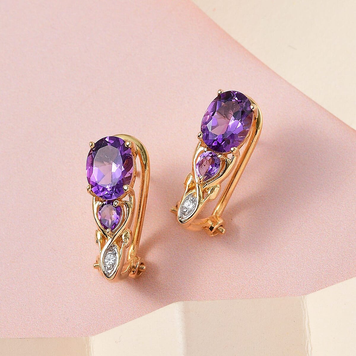 Uruguayan Amethyst and White Zircon Omega Clip Earrings in Vermeil Yellow Gold Over Sterling Silver 2.50 ctw image number 1