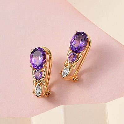 Uruguayan Amethyst and White Zircon Omega Clip Earrings in Vermeil Yellow Gold Over Sterling Silver 2.50 ctw