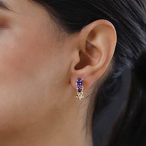 Uruguayan Amethyst and White Zircon Omega Clip Earrings in Vermeil Yellow Gold Over Sterling Silver 2.50 ctw