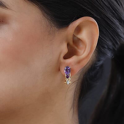 Uruguayan Amethyst and White Zircon Omega Clip Earrings in Vermeil Yellow Gold Over Sterling Silver 2.50 ctw
