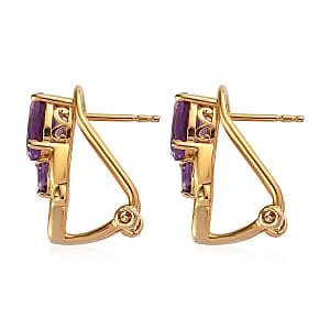 Uruguayan Amethyst and White Zircon Omega Clip Earrings in Vermeil Yellow Gold Over Sterling Silver 2.50 ctw