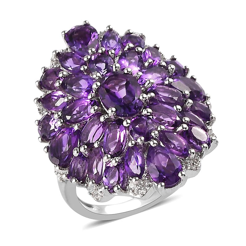 Premium Uruguayan Amethyst and Natural White Zircon Cocktail Ring in Platinum Over Sterling Silver (Size 10.0) 7.15 ctw