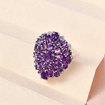 Premium Uruguayan Amethyst and Natural White Zircon Cocktail Ring in Platinum Over Sterling Silver (Size 10.0) 7.15 ctw