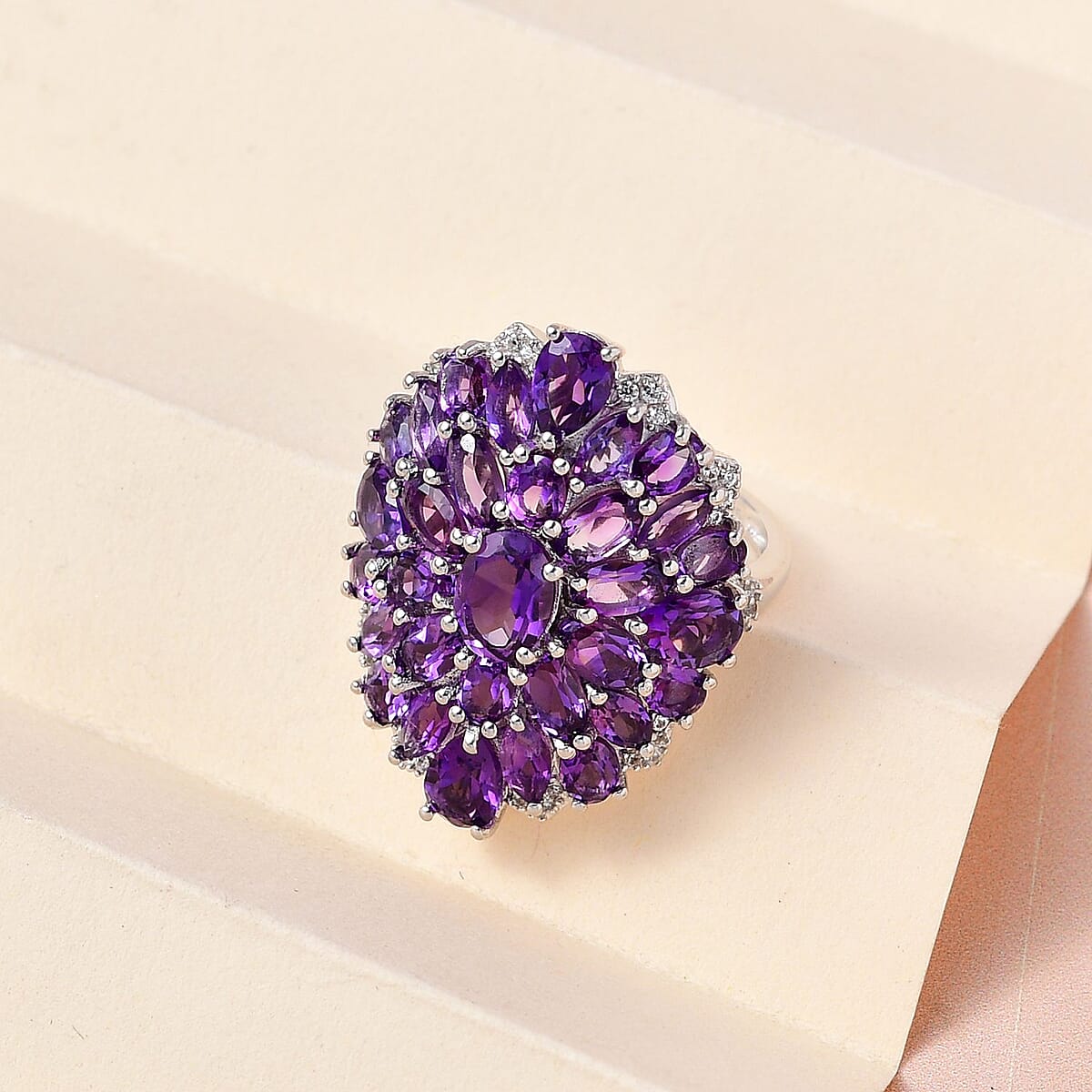 Premium Uruguayan Amethyst and Natural White Zircon Cocktail Ring in Platinum Over Sterling Silver (Size 9.0) 7.15 ctw image number 1