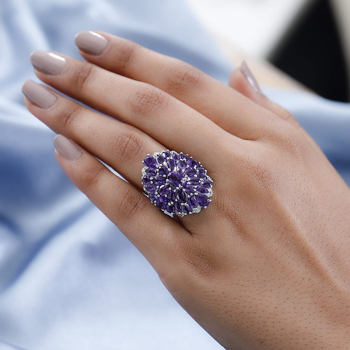 Premium Uruguayan Amethyst and Natural White Zircon Cocktail Ring in Platinum Over Sterling Silver (Size 9.0) 7.15 ctw image number 2