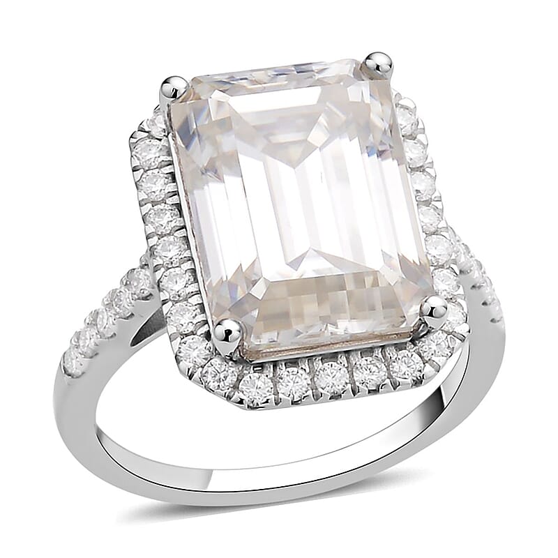 Emerald Cut Moissanite Ring in Platinum Over Sterling Silver (Size 10.0) 9.40 ctw