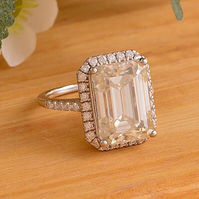 Emerald Cut Moissanite Ring in Platinum Over Sterling Silver (Size 10.0) 9.40 ctw