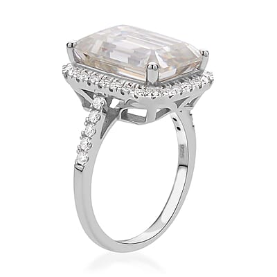 Emerald Cut Moissanite Ring in Platinum Over Sterling Silver (Size 10.0) 9.40 ctw