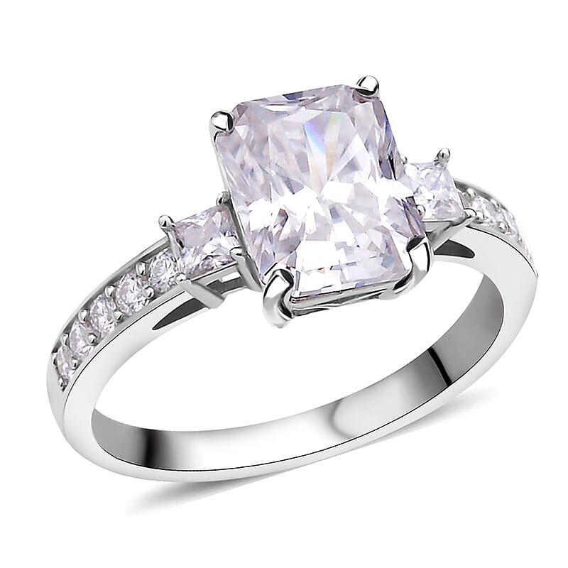 Radiant Cut Moissanite Ring in Platinum Over Sterling Silver (Size 10.0) 3.75 ctw