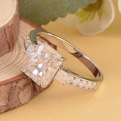 Radiant Cut Moissanite Ring in Platinum Over Sterling Silver (Size 10.0) 3.75 ctw