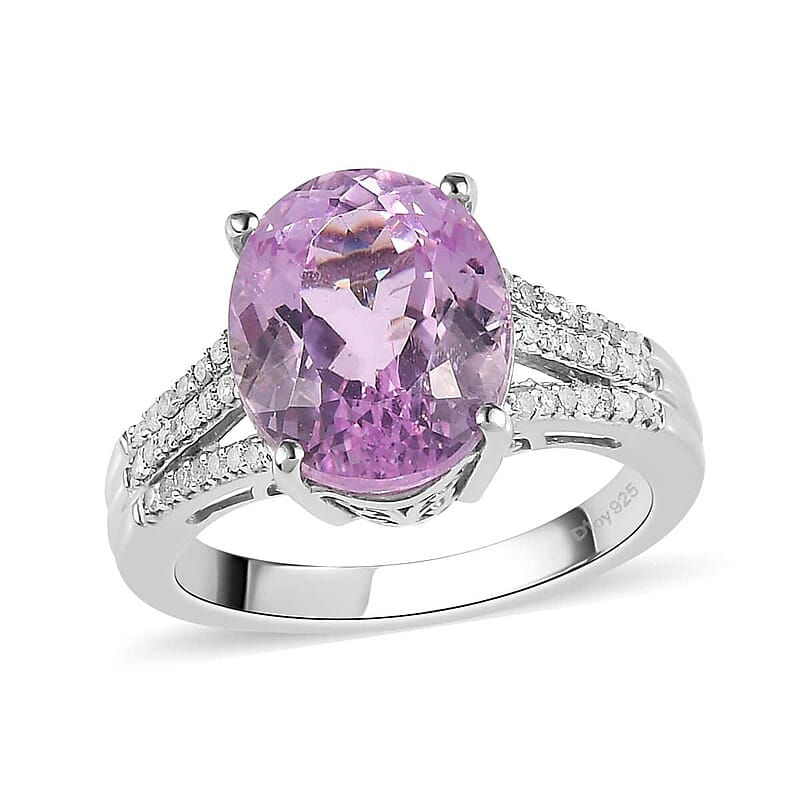 AAA Patroke Kunzite and Diamond Ring in Platinum Over Sterling Silver (Size 7.0) 6.50 ctw