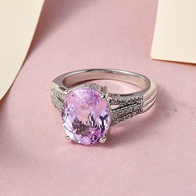 AAA Patroke Kunzite and Diamond Ring in Platinum Over Sterling Silver (Size 7.0) 6.50 ctw