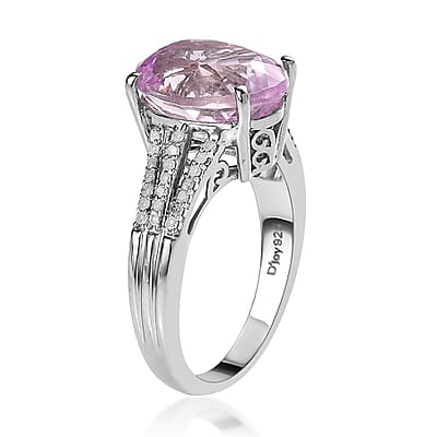 AAA Patroke Kunzite and Diamond Ring in Platinum Over Sterling Silver (Size 7.0) 6.50 ctw