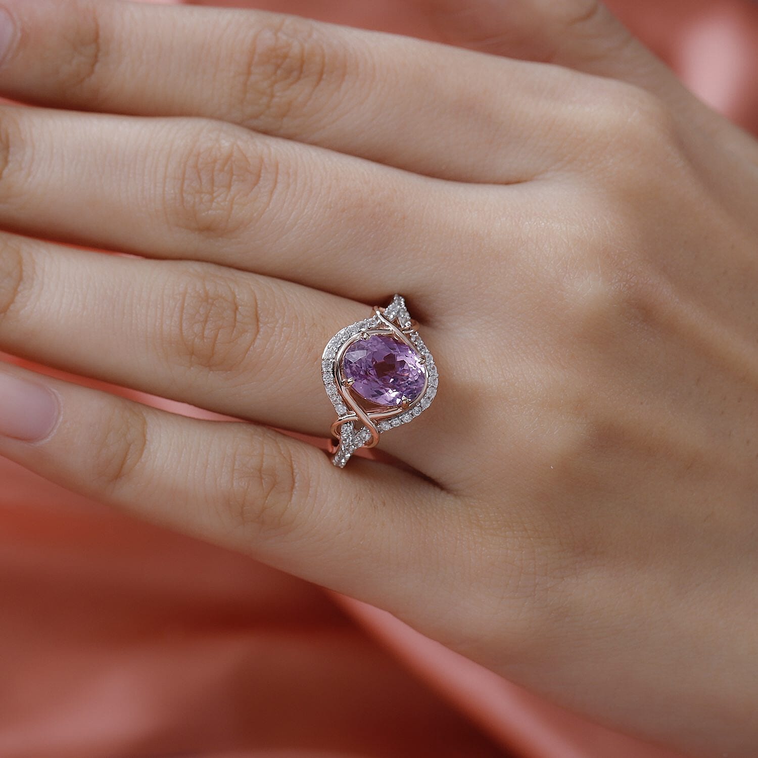 AAA Patroke Kunzite and Natural White Zircon Ring in Vermeil Rose Gold Over Sterling Silver (Size 10.0) 4.15 ctw