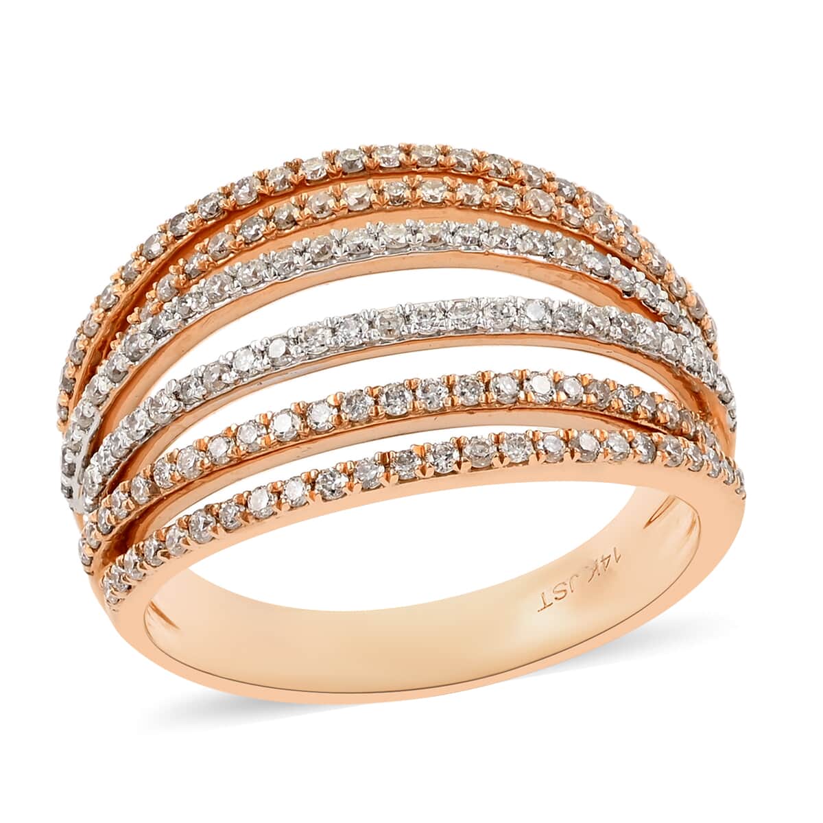 NY Closeout 14K Rose and White Gold Diamond I I2 6 Row Fashion Band Ring (Size 7.0) 5.60 Grams 0.75 ctw image number 0