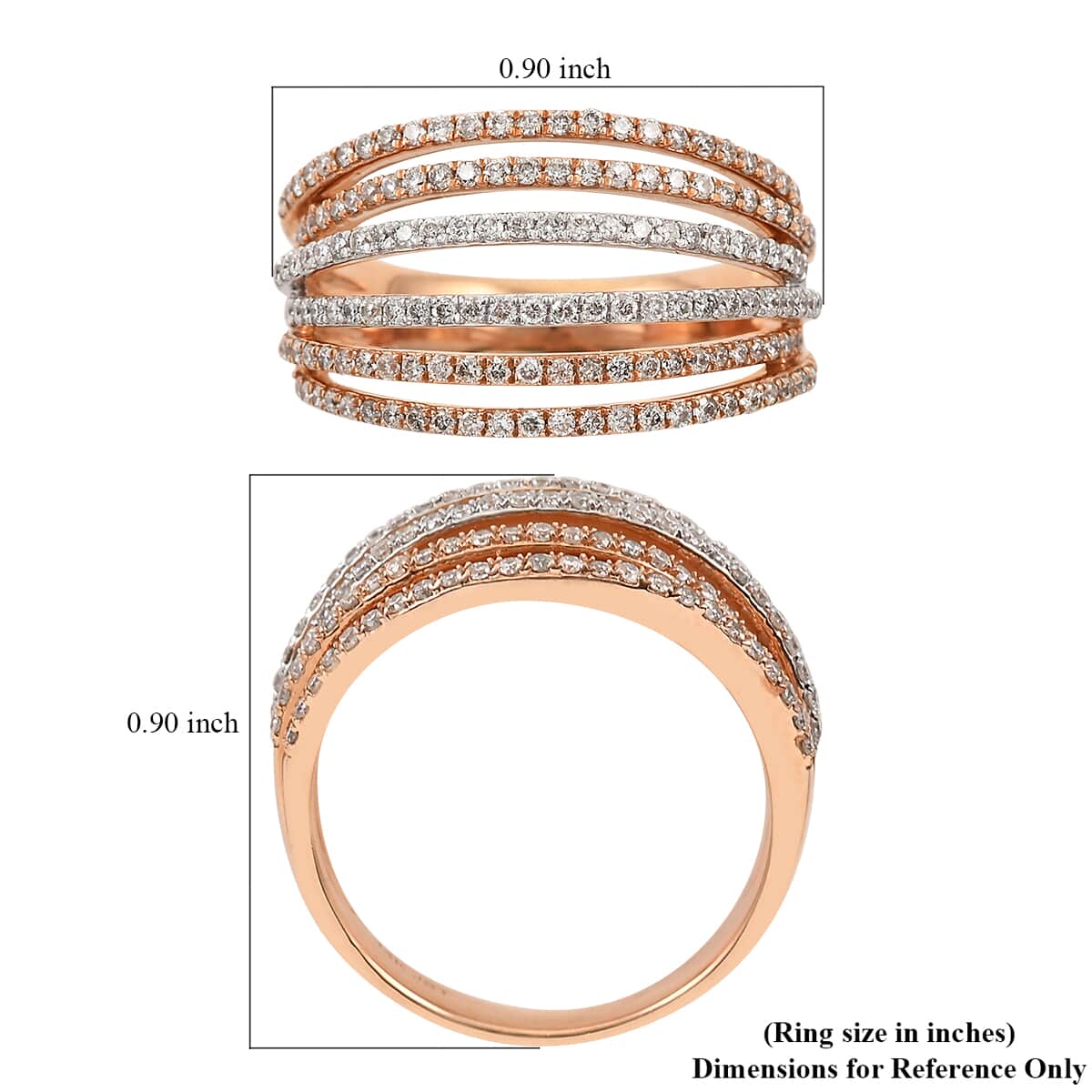NY Closeout 14K Rose and White Gold Diamond I I2 6 Row Fashion Band Ring (Size 7.0) 5.60 Grams 0.75 ctw image number 4