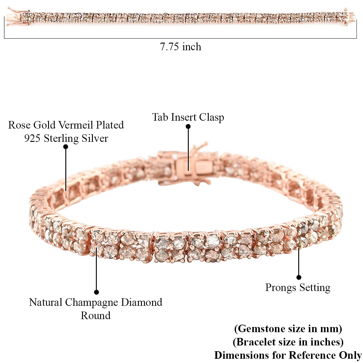 Rose Cut Natural Champagne Diamond Two Row Bracelet in Vermeil Rose Gold Over Sterling Silver (7.25 In) 8.50 ctw