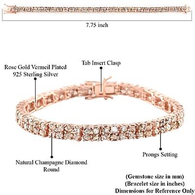 Rose Cut Natural Champagne Diamond Two Row Bracelet in Vermeil Rose Gold Over Sterling Silver (7.25 In) 8.50 ctw