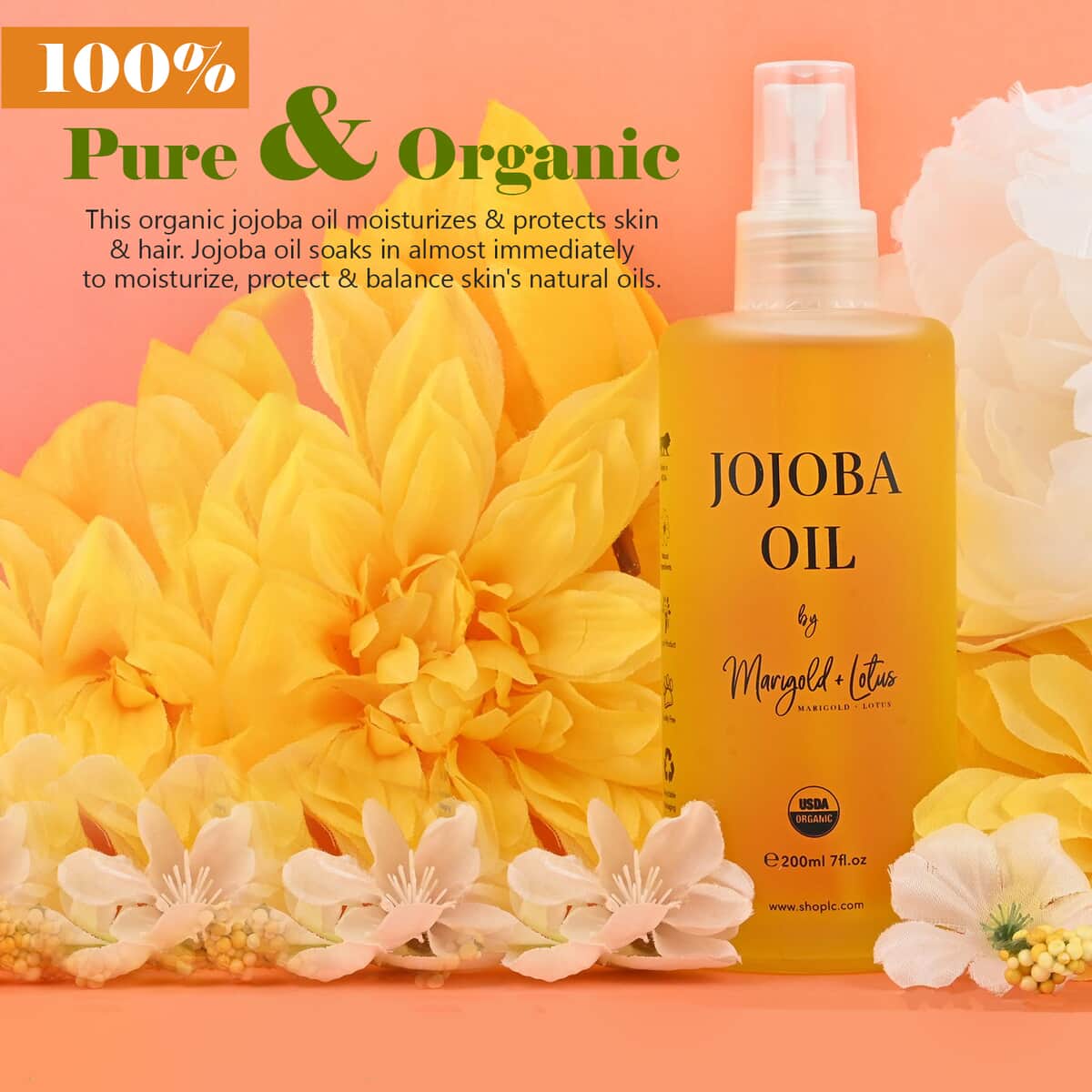 Marigold and Lotus - Cold Pressed 100% Natural Jojoba Oil Volume - 7 oz (200 ml) image number 1