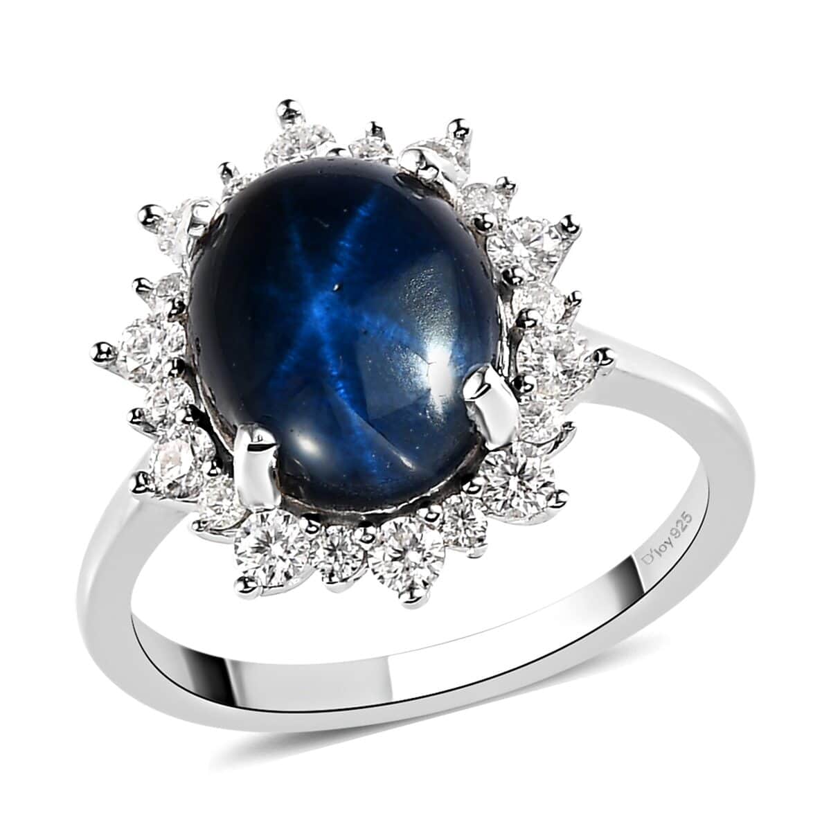 Premium Blue Star Sapphire and Moissanite Sunburst Ring in Platinum Over Sterling Silver (Size 7.0) 6.15 ctw image number 0