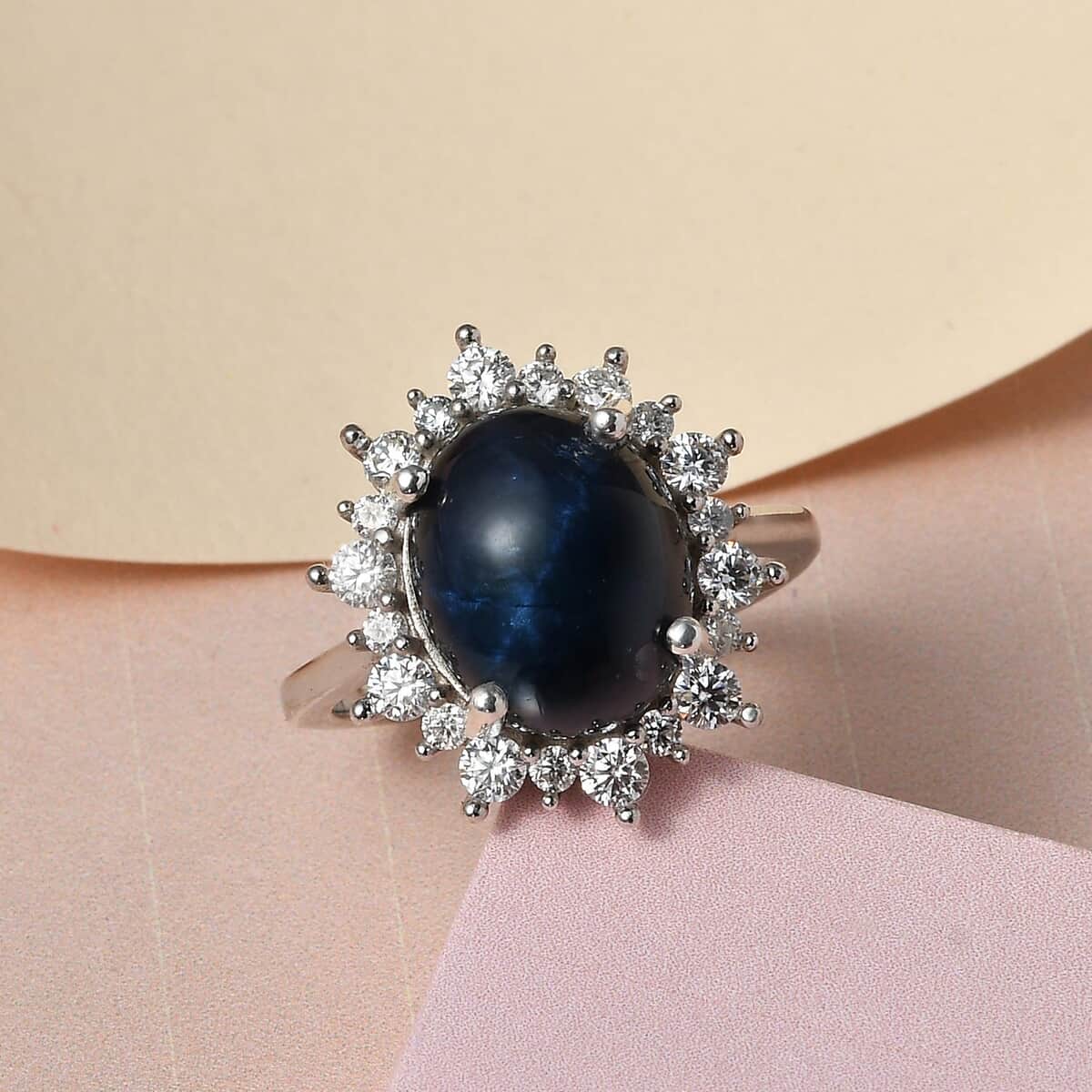 Premium Blue Star Sapphire and Moissanite Sunburst Ring in Platinum Over Sterling Silver (Size 7.0) 6.15 ctw image number 1