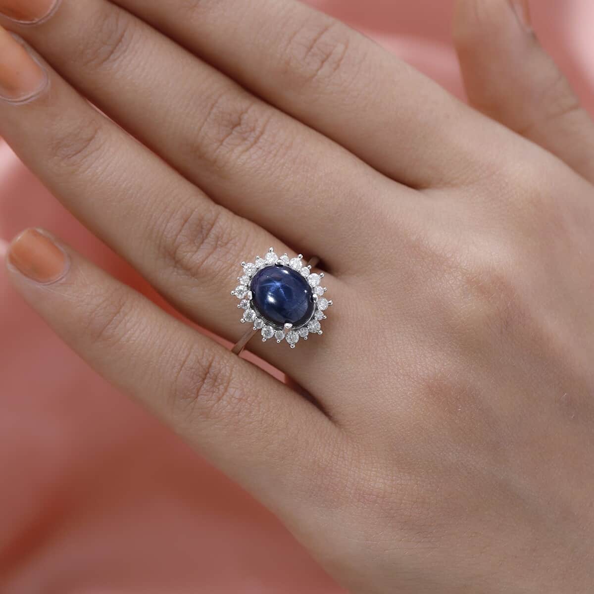 Premium Blue Star Sapphire and Moissanite Sunburst Ring in Platinum Over Sterling Silver (Size 7.0) 6.15 ctw image number 2