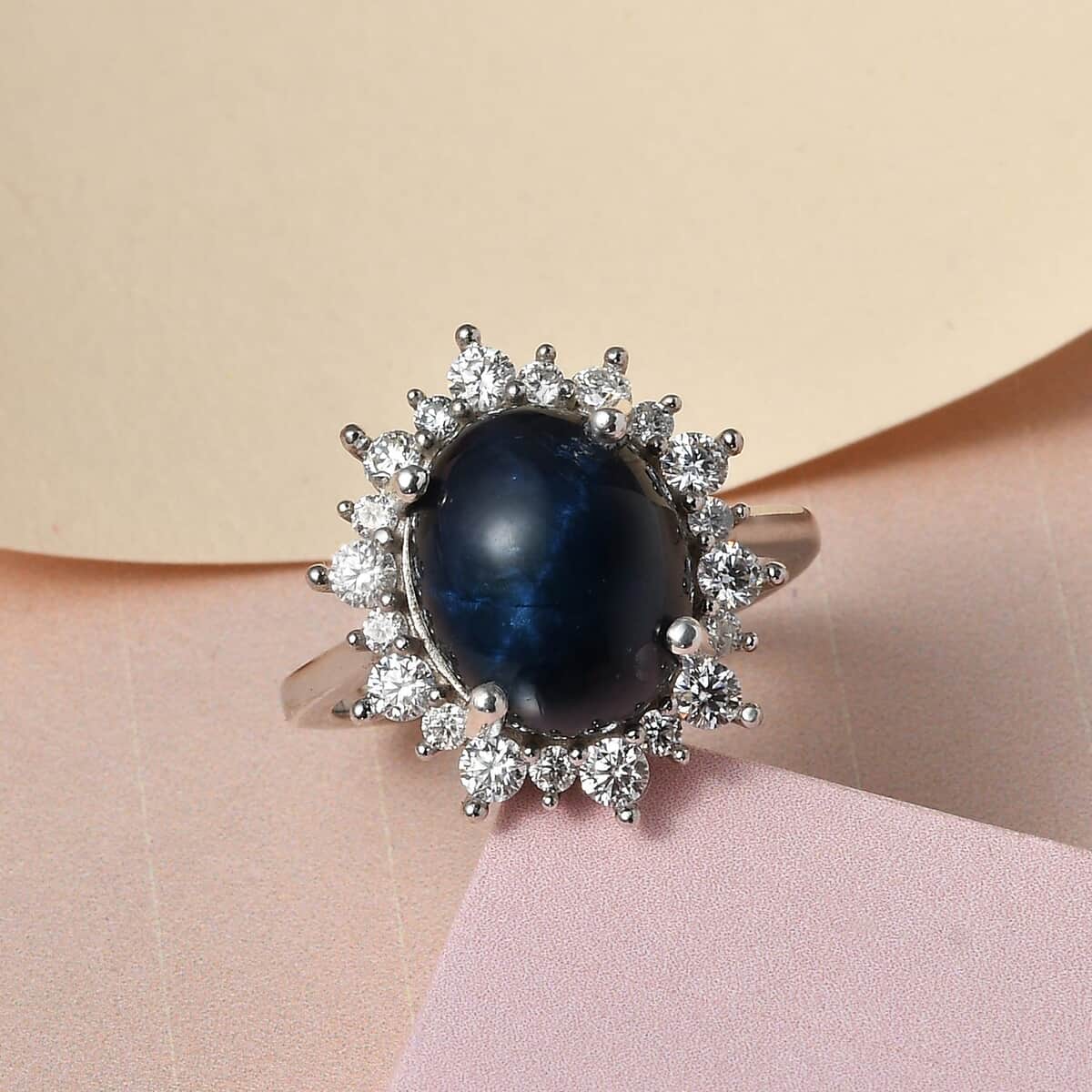 Premium Blue Star Sapphire and Moissanite Sunburst Ring in Platinum Over Sterling Silver (Size 9.0) 6.15 ctw image number 1