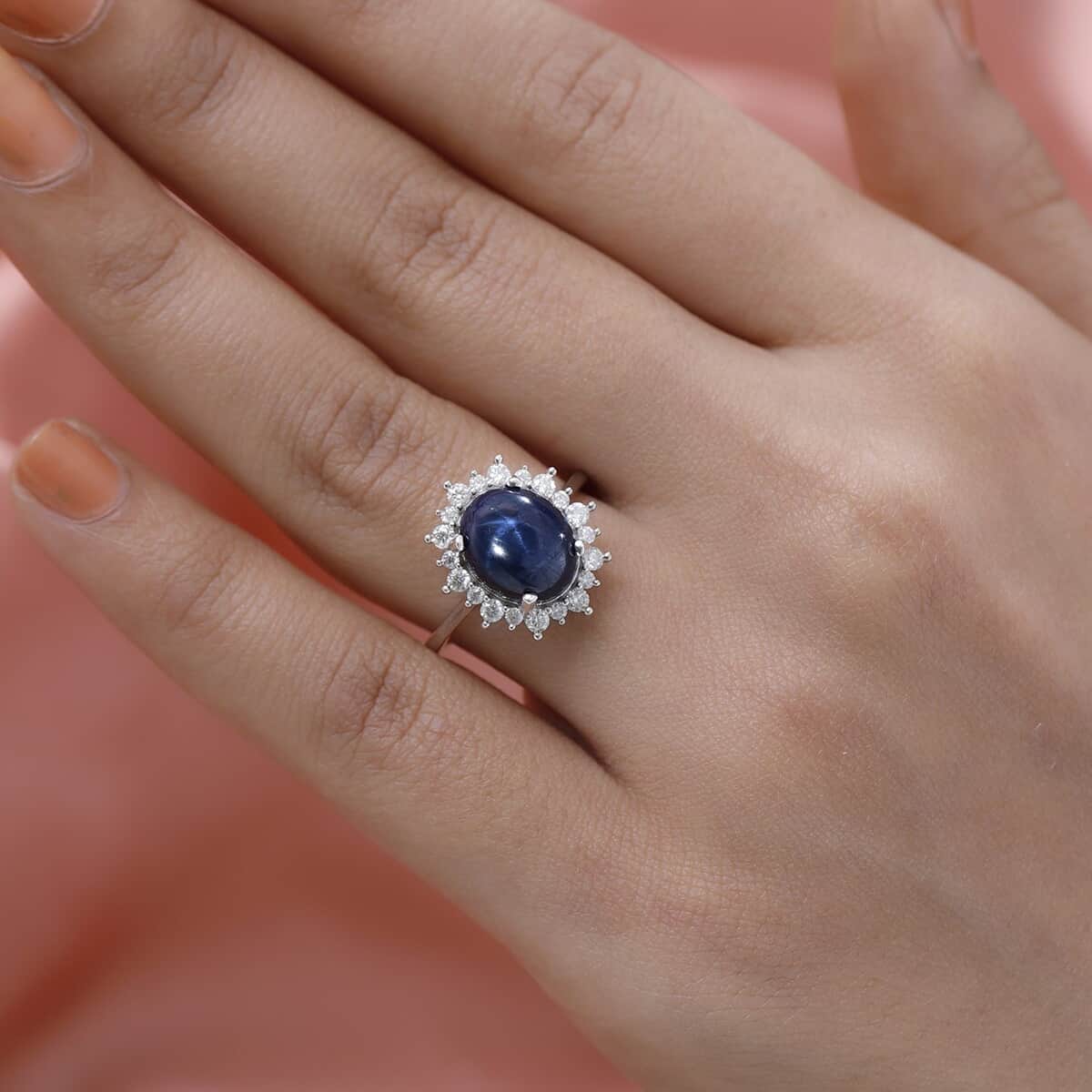 Premium Blue Star Sapphire and Moissanite Sunburst Ring in Platinum Over Sterling Silver (Size 9.0) 6.15 ctw image number 2