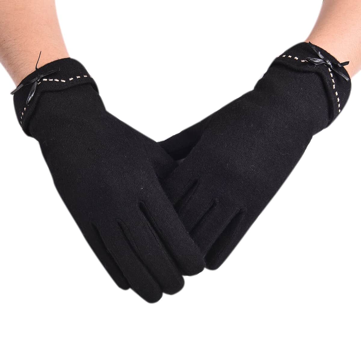 Black Cashmere Warm Gloves with Bowknot and Equipped Touch Screen Friendly (9.05"x3.54") image number 0