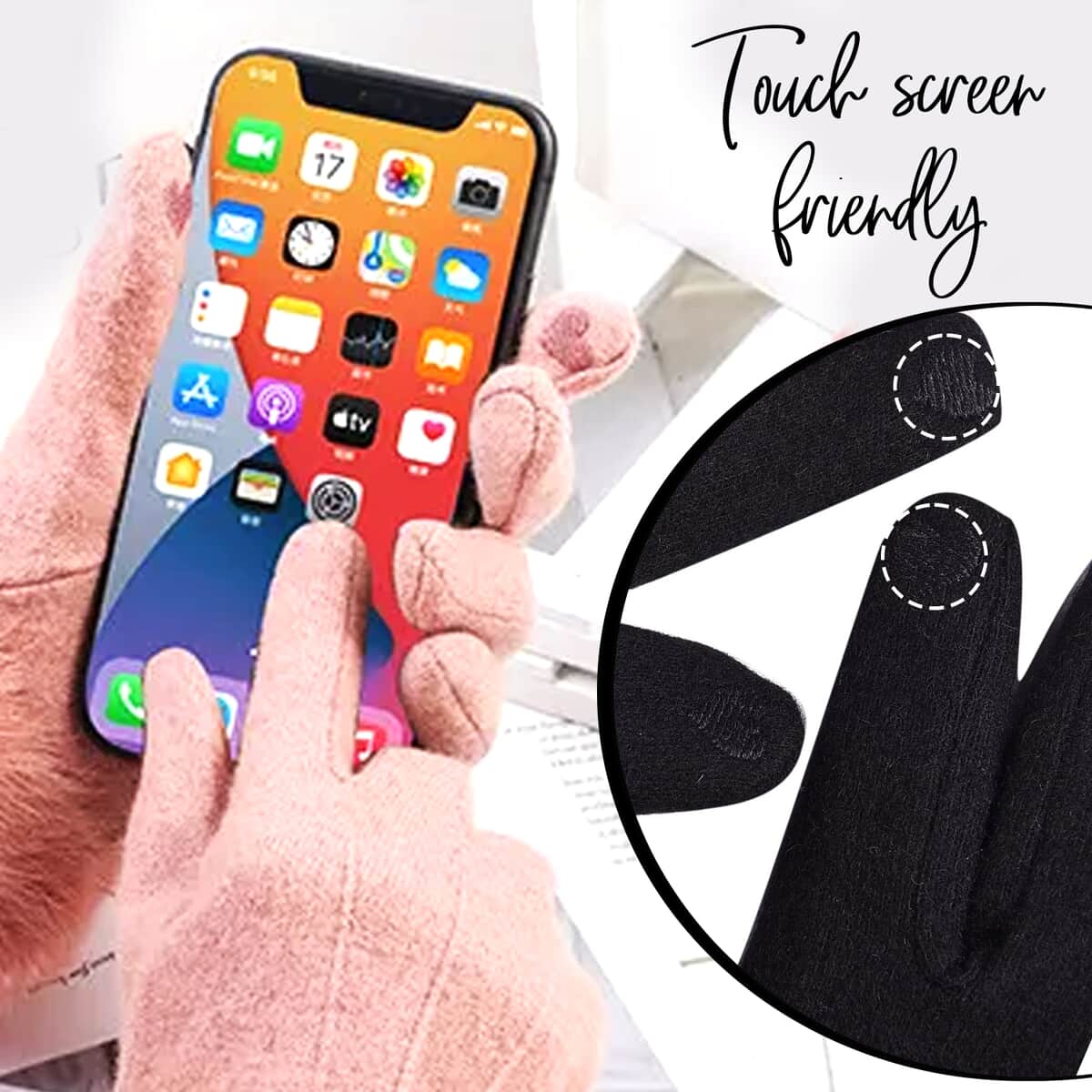 Black Cashmere Warm Gloves with Bowknot and Equipped Touch Screen Friendly (9.05"x3.54") image number 1