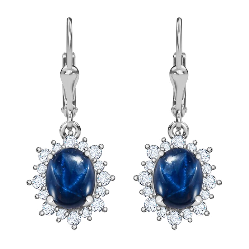Premium Blue Star Sapphire (DF) and Moissanite Sunburst Dangle Earrings in Platinum Over Sterling Silver 6.15 ctw