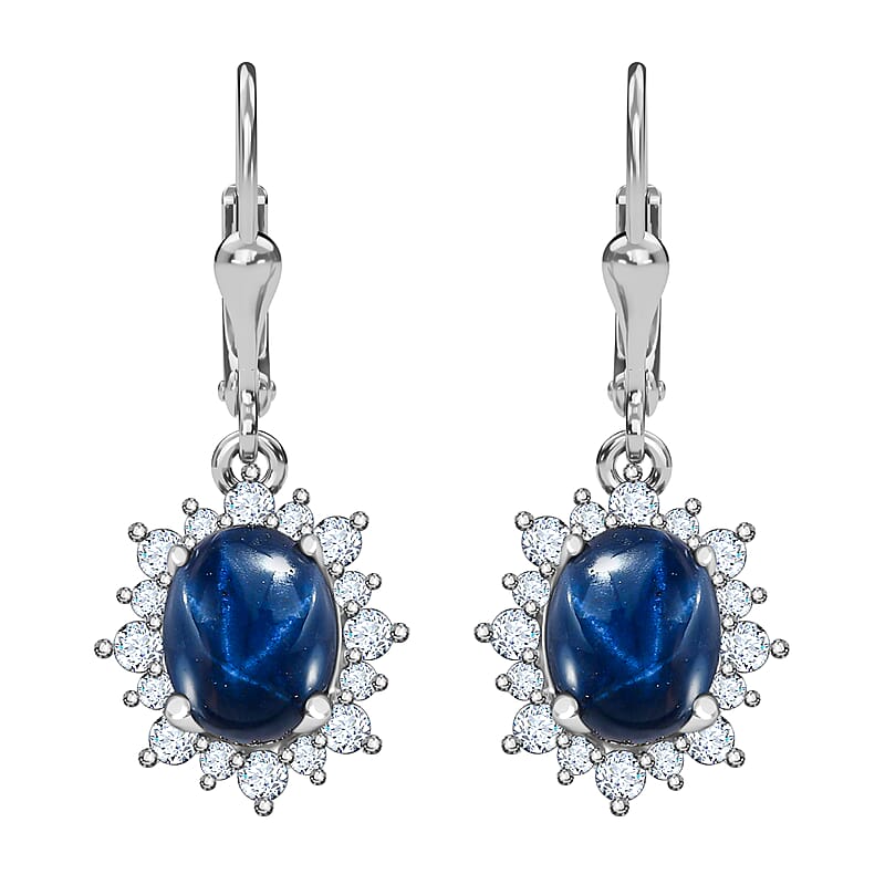 Premium Blue Star Sapphire (DF) and Moissanite Sunburst Dangle Earrings in Platinum Over Sterling Silver 6.15 ctw