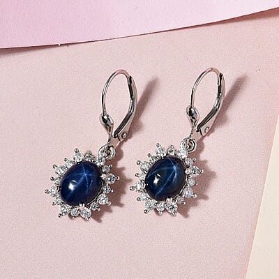 Premium Blue Star Sapphire (DF) and Moissanite Sunburst Dangle Earrings in Platinum Over Sterling Silver 6.15 ctw