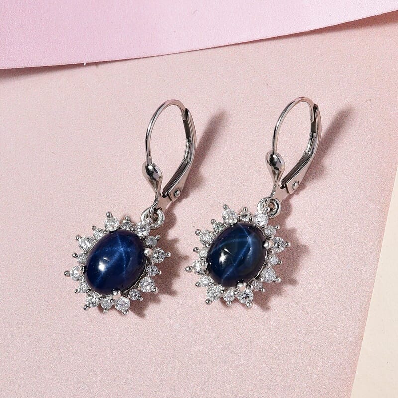 Premium Blue Star Sapphire (DF) and Moissanite Sunburst Dangle Earrings in Platinum Over Sterling Silver 6.15 ctw