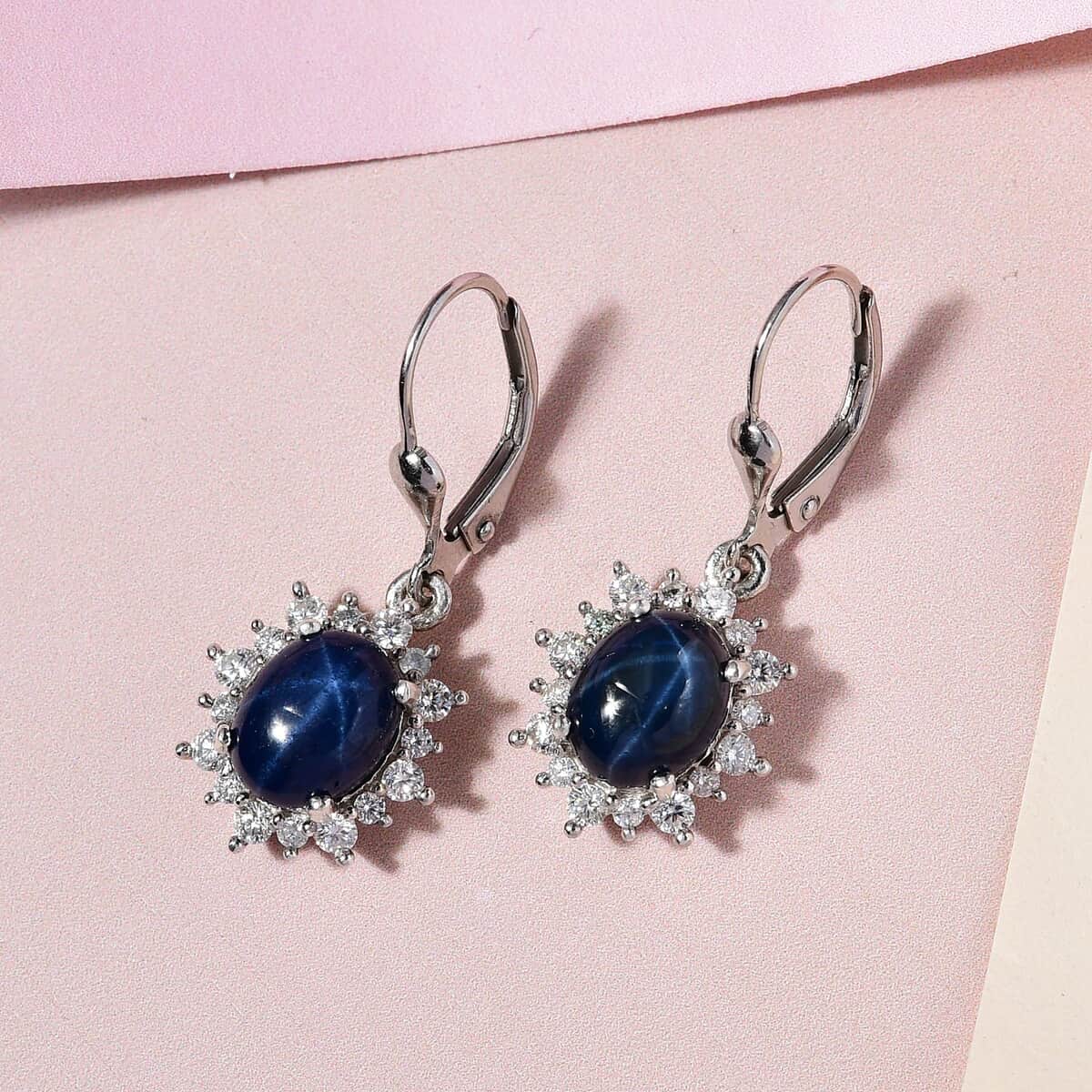 Premium Thai Blue Star Sapphire and Moissanite Sunburst Dangle Earrings in Platinum Over Sterling Silver 6.15 ctw image number 1