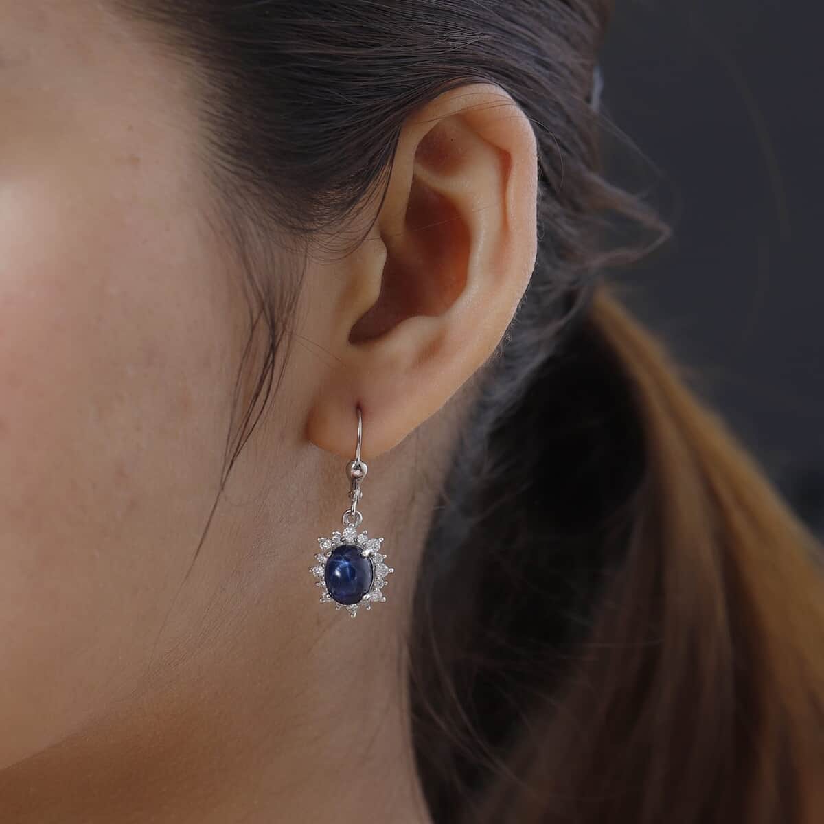 Premium Thai Blue Star Sapphire and Moissanite Sunburst Dangle Earrings in Platinum Over Sterling Silver 6.15 ctw image number 2