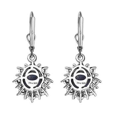 Premium Blue Star Sapphire (DF) and Moissanite Sunburst Dangle Earrings in Platinum Over Sterling Silver 6.15 ctw