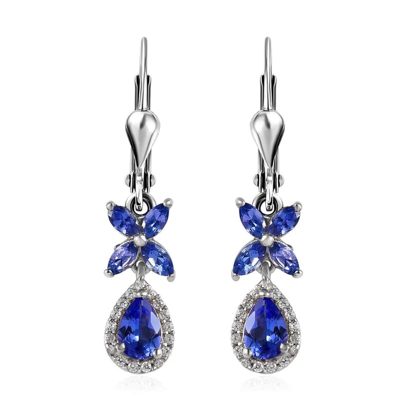 AAA Tanzanite and White Zircon Lever Back Earrings in Platinum Over Sterling Silver 1.85 ctw