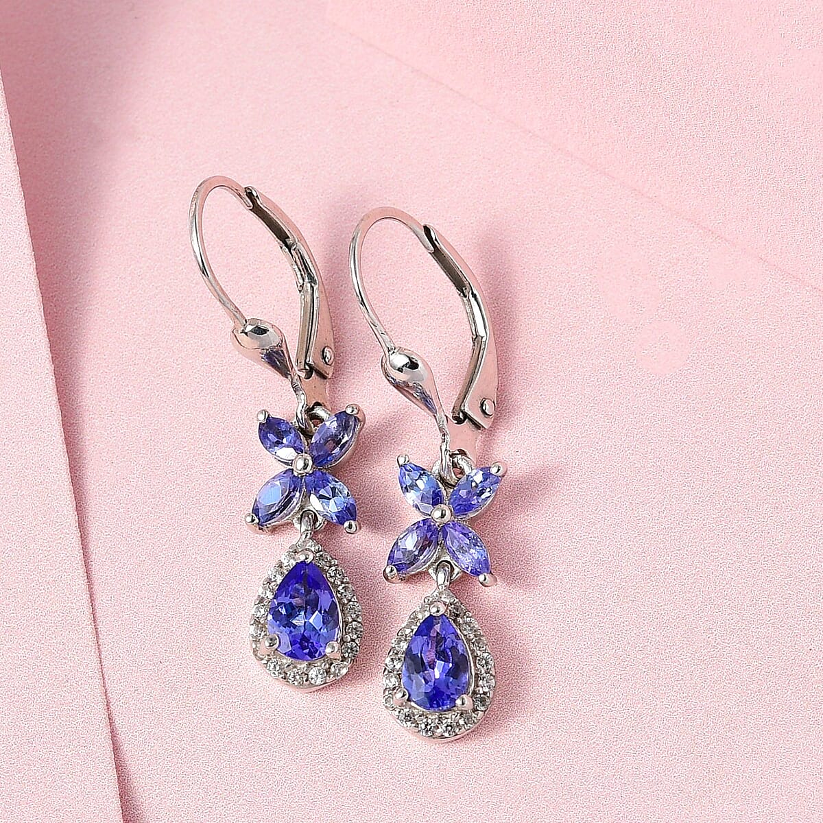 AAA Tanzanite and White Zircon Lever Back Earrings in Platinum Over Sterling Silver 1.85 ctw image number 1