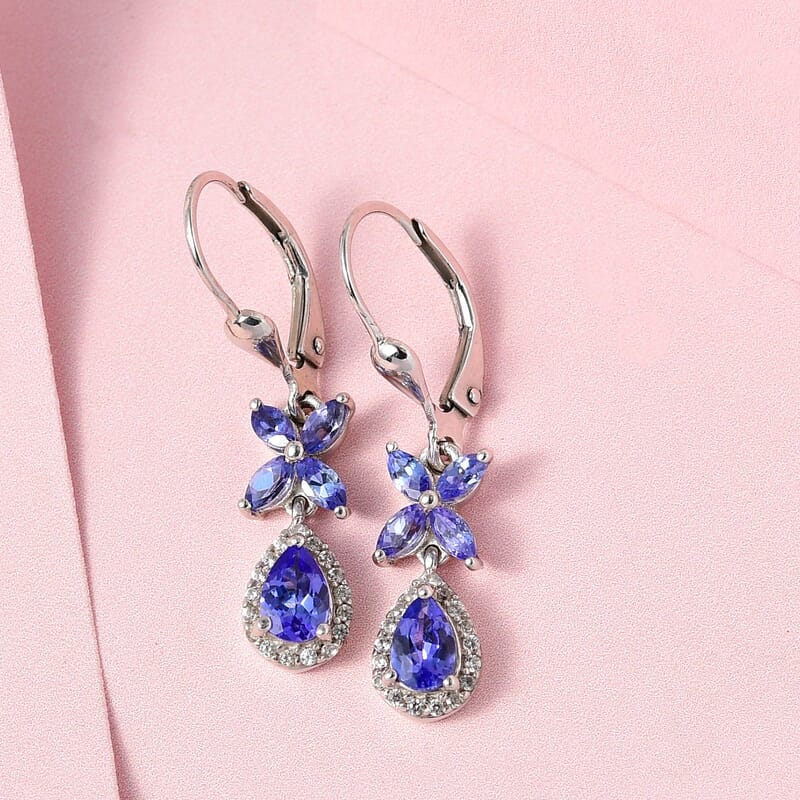AAA Tanzanite and White Zircon Lever Back Earrings in Platinum Over Sterling Silver 1.85 ctw