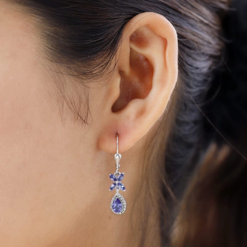 AAA Tanzanite and White Zircon Lever Back Earrings in Platinum Over Sterling Silver 1.85 ctw