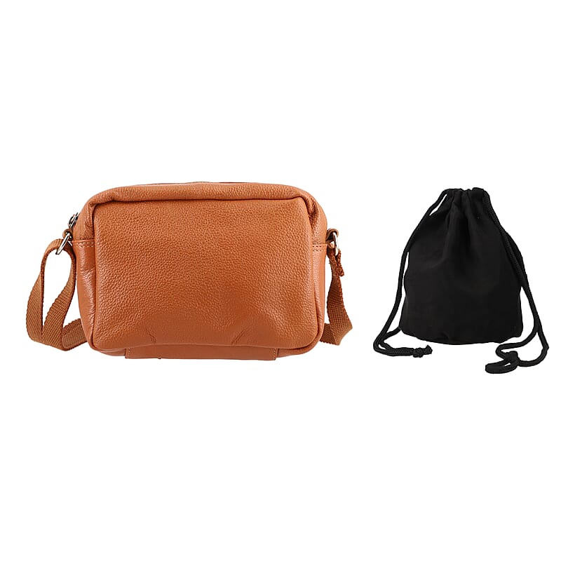 Tan Genuine Leather Crossbody Bag with Suede Fabric Potli Bag