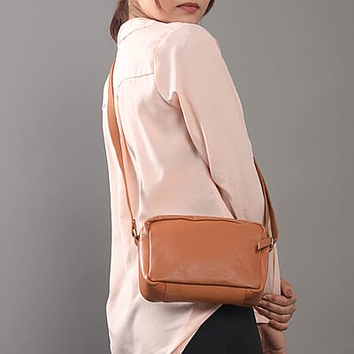 Tan Genuine Leather Crossbody Bag with Suede Fabric Potli Bag