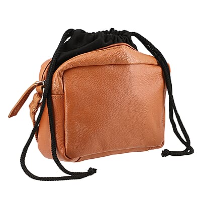Tan Genuine Leather Crossbody Bag with Suede Fabric Potli Bag
